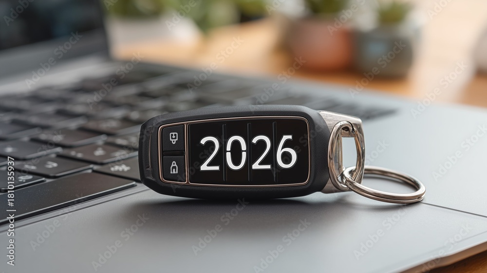 Key Fob Featuring The Year 2026 Resting On A Laptop Keyboard In A Home 1000 F 1810135937 