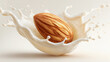 © picsmart - Closeup of an almond falling into a splash of milk, creating a dynamic and visually appealing composition isolated on white background