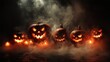 © Olena - Bizarre Jack O' Lanterns: Carved Pumpkins with Grim Faces Illuminated by Candles, Shrouded in Dark Smoke for a Spooky Halloween Night