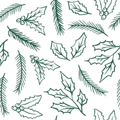 Naklejka na meble Whimsical Christmas retro vector pattern. New year hand drawn pine tree branches background