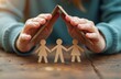 © Maryna - Hands hold cardboard roof protecting paper family. Human figures stand together holding hands under safe shelter. Concept home insurance, care, support, security, household safety, reliable