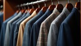 Suits hang on hangers in closet. Mens fashion collection includes blazers in diffrent patterns and colors. Variety of style suits for business events or everyday wear in wardrobe.