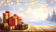 © Liudmyla - Colorful gift boxes with ribbons on a wooden table during winter sunset Generative AI