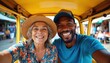 © Maryna - Senior woman and young man take selfie photo in yellow tuk tuk. They smile, enjoy trip in Asian market street. Authentic travel experience, diverse friendship, vacation fun.