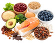 © DexAwan - A variety of healthy foods including salmon, berries, nuts, seeds, and vegetables arranged together for a nutritious meal