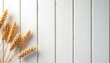 © Maryna - Golden wheat ears arranged on white wooden planks surface. Dry grain stalks represent harvest, agriculture and natural food products. Rustic backdrop for farm or baking themes.