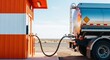 © ViskBx - A tanker truck connected to an orange building with a hose on a sunny day in a desert landscape