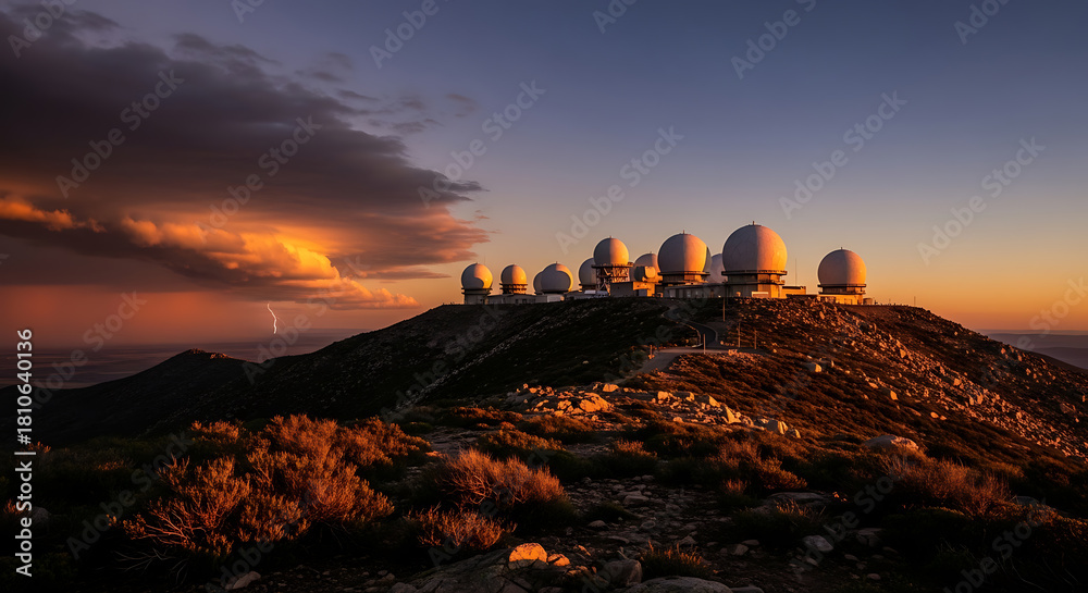 Kitt Peak Observatory sits atop a mountain at sunset, with storm clouds and a lightning strike visible in the distance.