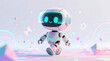 © unairakstudio - Adorable AI Robot exploring the virtual world, a cute character wearing an AR/VR headset walks through a colorful, abstract digital landscape.