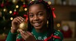 © Image - Closeup portrait of a happy young black girl with braided hair and red ribbons decorating a christmas tree with a gold ornament