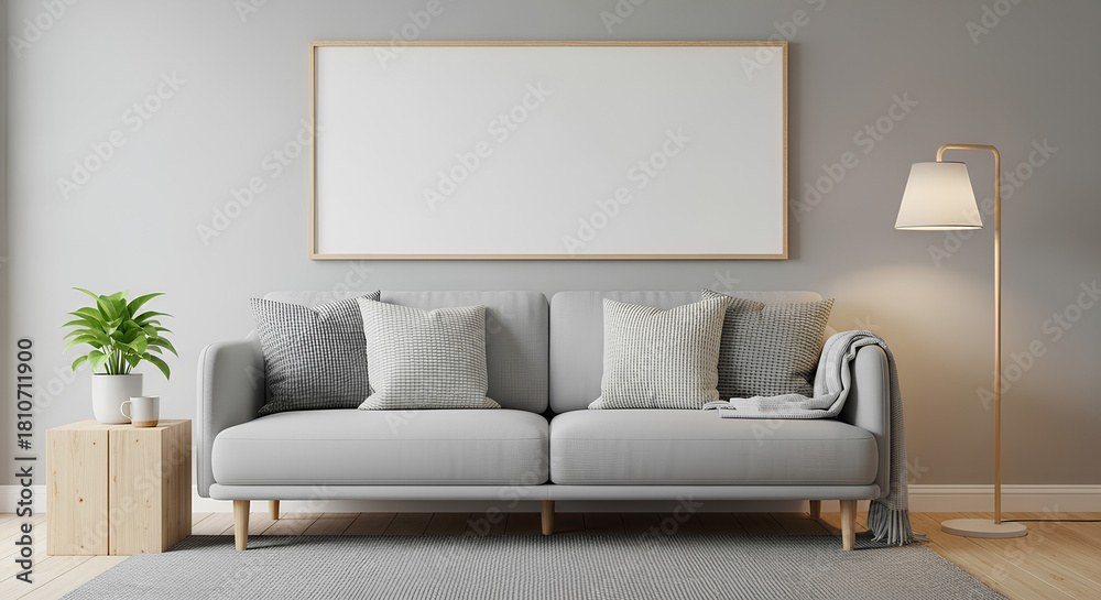 Modern living room interior design with comfortable sofa, furniture, and contemporary home decor