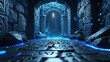 © AntiD - fantasy dungeon hallway with glowing arcane runes carved into stone walls and floor, illuminated by mystical blue light. detailed 3d magical environment with floating particles. no people.