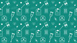 © MAVISARIN - Medical pattern featuring pills bottles crutches first-aid kits heart symbols syringes and medical notes on a teal background, ideal for healthcare materials clinic hospital and wellness communication