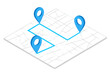 © Mark - Isometric map grid showing a planned route connecting three distinct location pins