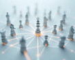 © Farizal - Modern strategic planning concept featuring a hand moving a golden chess piece on a black network-style game board. Transparent chess pieces, interconnected nodes, and directional markings symbolize.