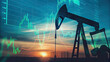 © Chiam - Oil pump silhouetted against sunset sky with financial graphs concept. Oil pump jack silhouette against a vibrant sunset and market chart.