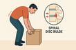 © Chanita - Man with improper lifting posture and rounded back feels strain and pain. This wrong technique can cause spinal disc bulge injury, diagram shows human spine pressure