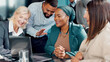 © FlexOn/peopleimages.com - Greeting, laptop and video call with business people in boardroom for financial webinar or workshop. Collaboration, computer and wave with happy employee team in corporate office for virtual meeting