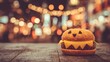 © Julia - The Halloween burger is a creative food item consisting of a pumpkin bun, cheddar cheese, lettuce, onion, and a spooky face, served in a warm autumn mood illuminated by candlelight
