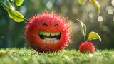 3d cute rambutan character hairy red fruit green
