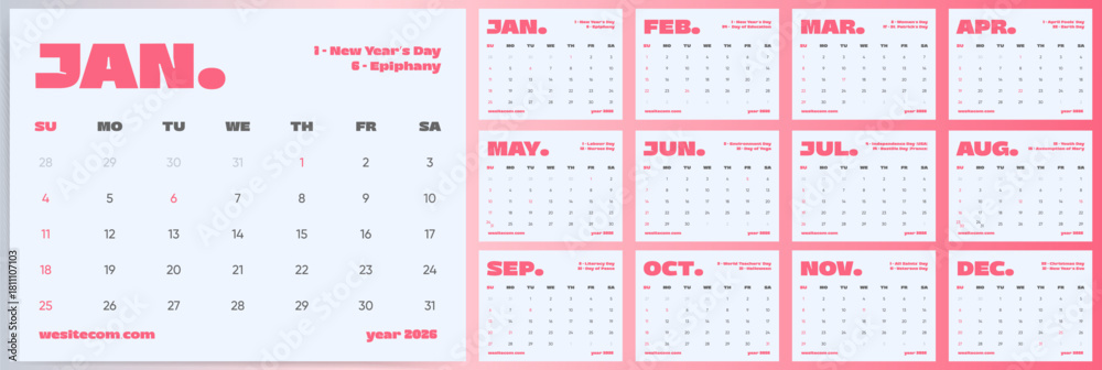 Pastel Office Holiday Wall Planner 2026. Bold Monthly Calendar Layout ...