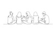 © PDWN Creative - A group of five friends sitting together, engrossed in their smartphones, depicted in a minimalist single continuous line drawing