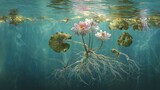 Serene underwater lotus garden with delicate blossoms and intricate roots creates a peaceful, dreamy atmosphere for wellness and beauty brands