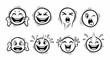 © D.bongStudio - Collection of cartoon smiley faces expressing various emotions like joy, surprise, and laughter, presented in a simple black and white line art style