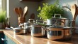 © Vadym - Shiny metal cooking pots and pans arranged neatly on kitchen counter. Selection of wooden spoons stands in holder behind cookware. Green plant adds life to scene. This is kitchen essential set.