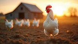 White chicken stands on dirt field near barn at sunrise. Flock grazes in golden hour light. Peaceful farm life scene unfolds with poultry outdoor at dawn.