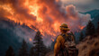 © TK188 - Firefighter facing wildfire with smoky backdrop, climate change, emergency response profession in action