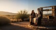 © 5 Grace Media - Woman with pitcher listening to Jesus sitting by an ancient well in warm evening light