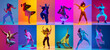 © master1305 - Dynamic breakdance collage featuring 10 diverse dancers in bold neon studio lighting. Concept of modern street culture visuals, energetic dance promotion, and youth lifestyle content