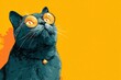 © Michael - Black cat with yellow tinted glasses looking curiously at an empty orange background