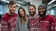 © liliyabatyrova - Four coworkers gather in a bright office space, smiling joyfully while wearing festive Christmas sweaters. Their cheerful spirit spreads warmth as they celebrate the holiday season together