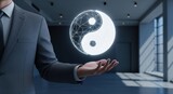 Businessman presents glowing yin yang symbol representing balance harmony and duality in modern office conveying equilibrium