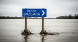 Flood Evacuation Sign Amidst Rising Water Reflects Warning Symbolizing Environmental Hazard