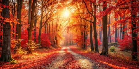  Sunlit Autumn Forest Path Covered with Red Leaves at Golden Hour