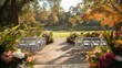 © istia - A pathway leads to an outdoor wedding ceremony setup with white chairs, flowers, and a pond in the background.