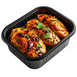 © Phanupong - Three glazed chicken breasts seasoned with peppercorns and parsley in a black plastic tray isolated on transparent background. PNG die-cut for advertising