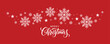© bibin - Vibrant Christmas vector banner featuring white 'Merry Christmas' script calligraphy centered below a decorative curving border of large white snowflakes and stars, all set on a bright red background.