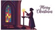 © andro - Merry Christmas illustration with silhouette lighting a candle by a stained glass window in a church setting