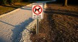 © SHERLY - No Dogs Allowed Sign Stands on Grassy Path at Park During Golden Hour Light