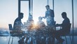 © AI Creative Design - Silhouettes of business people in a meeting room with a digital network overlay and city view office