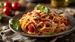 © Marry93 - A spaghetti dish on linen napkin, old wood background, warm tones