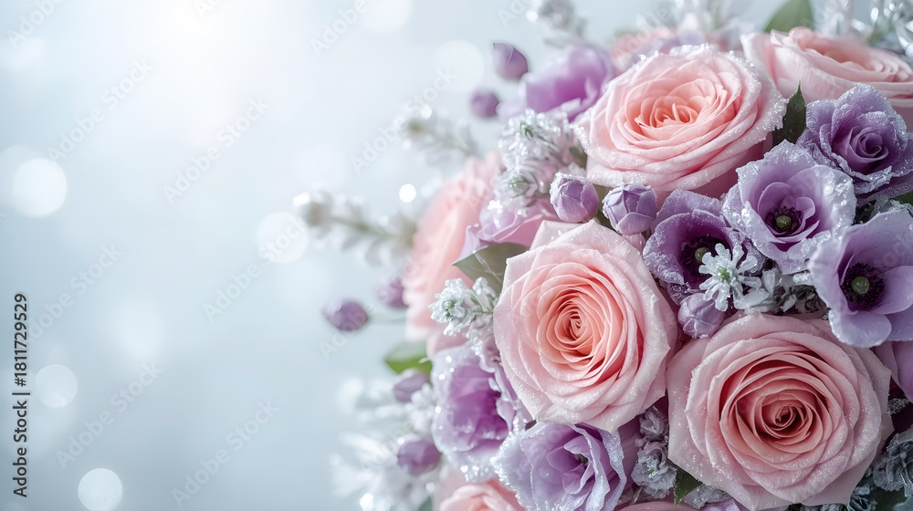 Frosted pastel flower bouquet with pink roses and lilac blooms on a soft blurred background
