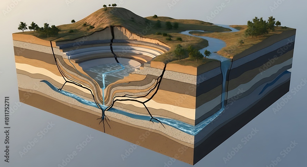 A 3d cross section of a geological formation with layers of earth, rock ...