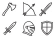 © Graphic Genius - Set of six medieval knight icons including a sword, shield, helmet, axe, and bow with arrow, illustrated in a simple black and white line art doodle style
