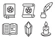 © Graphic Genius - Six black outline icons illustrating magical and mystical objects: a pentagram spellbook, ancient scroll, quill and ink, open book, crystal, and a lit candle, presented