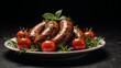 © Pixel Matrix - Sausage platter with fresh herbs and cherry tomatoes arranged for a sophisticated presentation on dark background